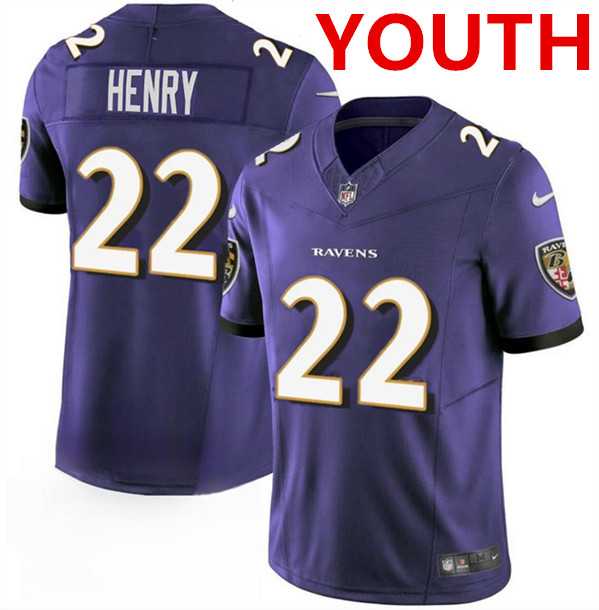 Youth Baltimore Ravens #22 Derrick Henry Purple 2023 F.U.S.E. Football Stitched Jersey Dzhi